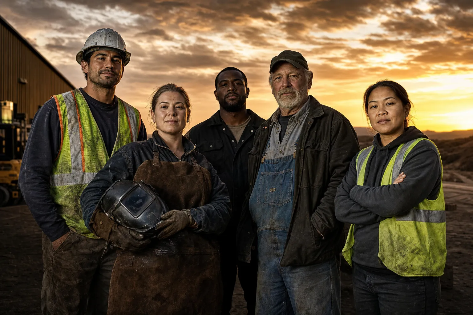 A group of blue-collar workers standing together at sunset